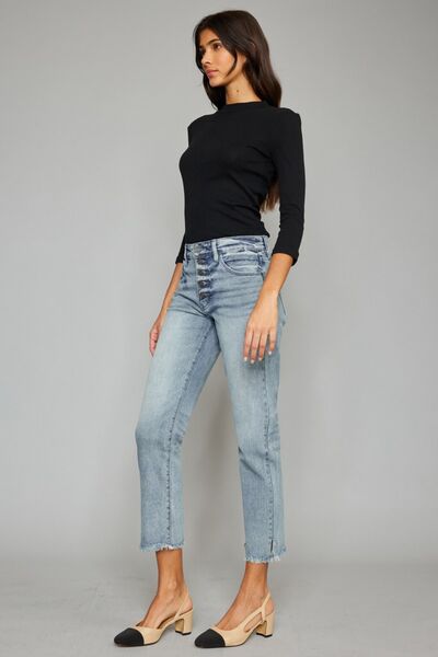 Kancan High Waist Button Fly Raw Hem Straight Jeans - Premium Jeans -  Follower Of Faith Apparel Fast delivery, fast shipping, highly distressed ladies jeans, Kancan, kancan button fly, kancan crop, Kancan high waisted, kancan raw hem, Ladies Jeans, new arrival, new arrivals, raw hem, raw hem jeans, Sale, Ship from USA Shop our Christian T-Shirts & Apparel