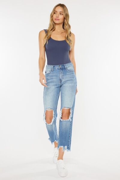 Kancan High Waist Chewed Hem Straight Mom Jeans - Premium Jeans -  Follower Of Faith Apparel Fast delivery, fast shipping, highly distressed ladies jeans, Kancan, Kancan distressed jeans, Kancan high waisted, Kancan Kendra High Rise Distressed Jeans, Kancan mom jeans, kancan raw hem, Ladies Jeans, new arrival, new arrivals, Ship from USA Shop our Christian T-Shirts & Apparel