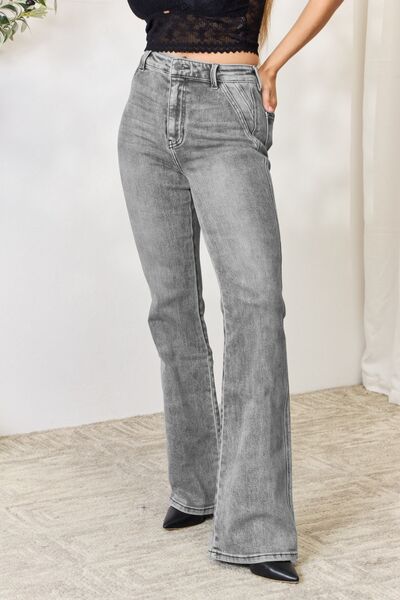 Kancan High Waist Slim Flare Jeans - Premium Jeans -  Follower Of Faith Apparel Flare jeans, Kancan, Kancan flare jeans, Kancan high waisted, Kancan Jeans, Light gray, light grey, Ship from USA Shop our Christian T-Shirts & Apparel