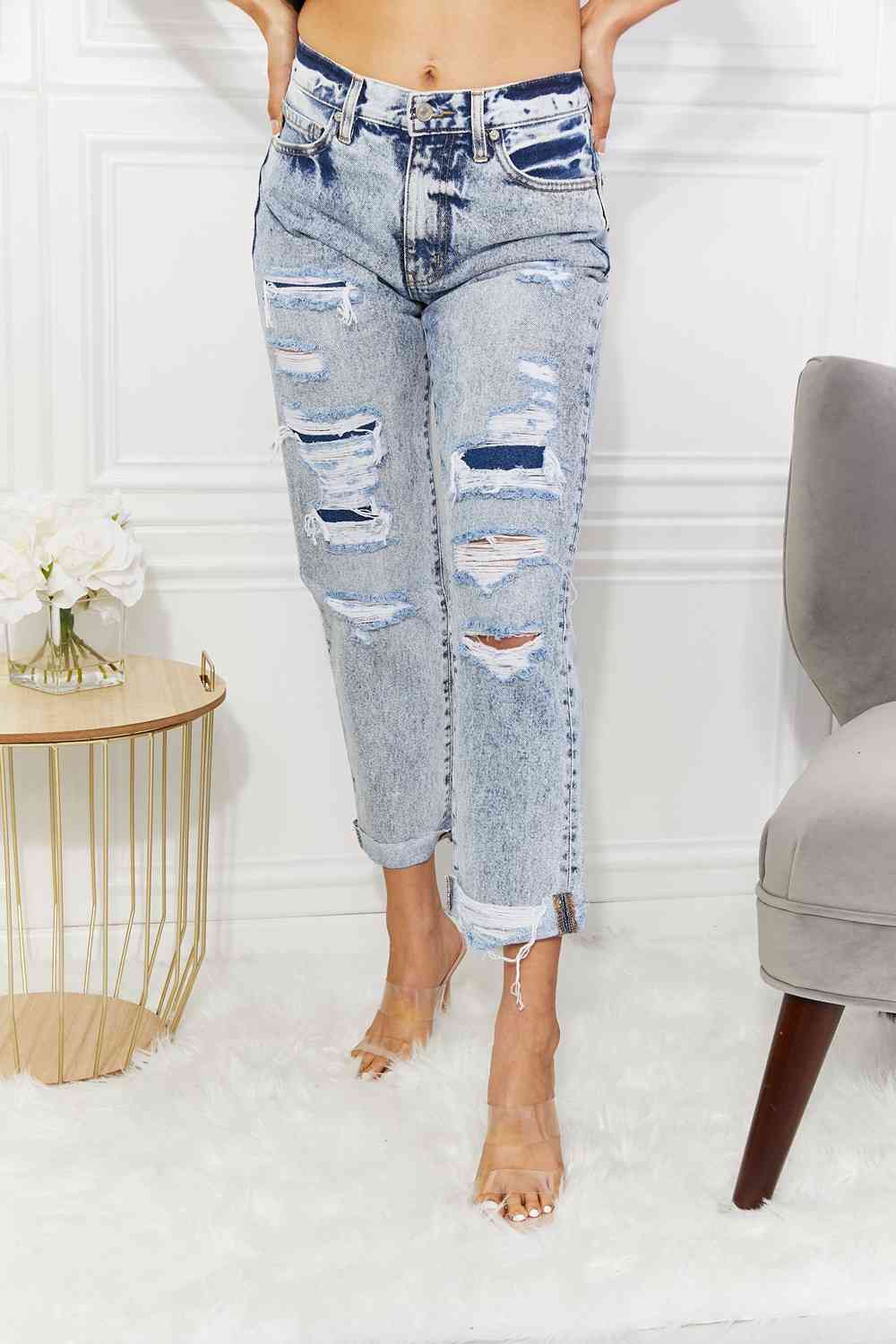 Kancan Kendra High Rise Distressed Straight Jeans - Premium Jeans -  Follower Of Faith Apparel Black Friday, high rise, high waisted jeans, highly distressed ladies jeans, Kancan, Kancan Jeans, Kancan Kendra High Rise Distressed Jeans, ladies distressed jeans, Ship from USA Shop our Christian T-Shirts & Apparel