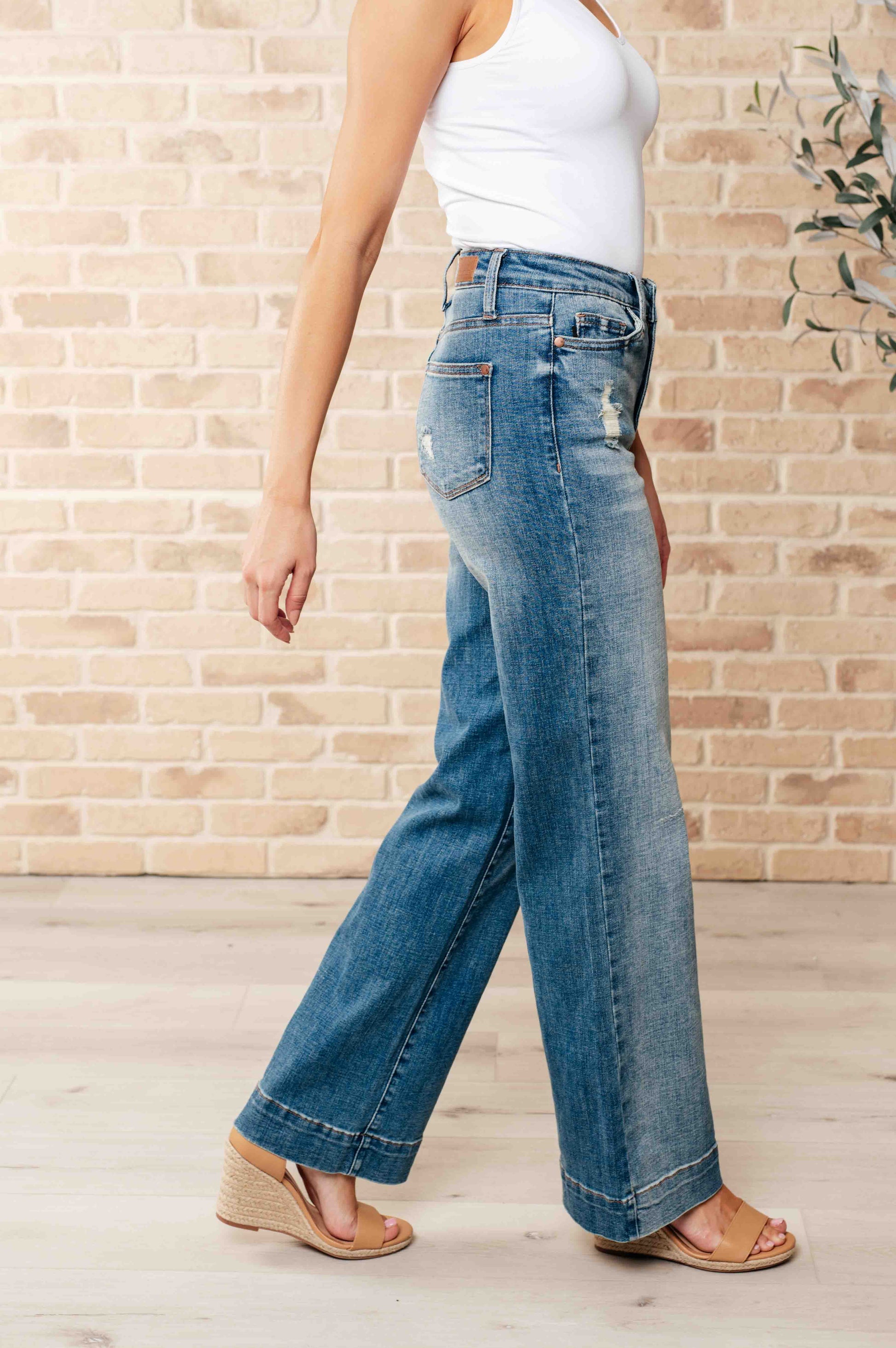 Judy Blue Katrina High Waist Distressed Denim Jeans - Premium Ladies jeans -  Follower Of Faith Apparel 0/24, 1/25, 11/30, 13/31, 14W, 15/32, 16W, 18W, 20W, 22W, 24W, 3/26, 5-31-2023, 5/27, 6-15-2023, 6-28-2024, 7/28, 9/29, ASF6-29-2023, Ave Marketplace, Bottoms, Denim, flatrate, JB Judy Blue, JB5-31-2023, JB6-5-2024, JBAvailableNow, Jeans, Judy Blue, Judy blue wide leg, new arrival, new arrivals, Restocks, Sale Shop our Christian T-Shirts & Apparel