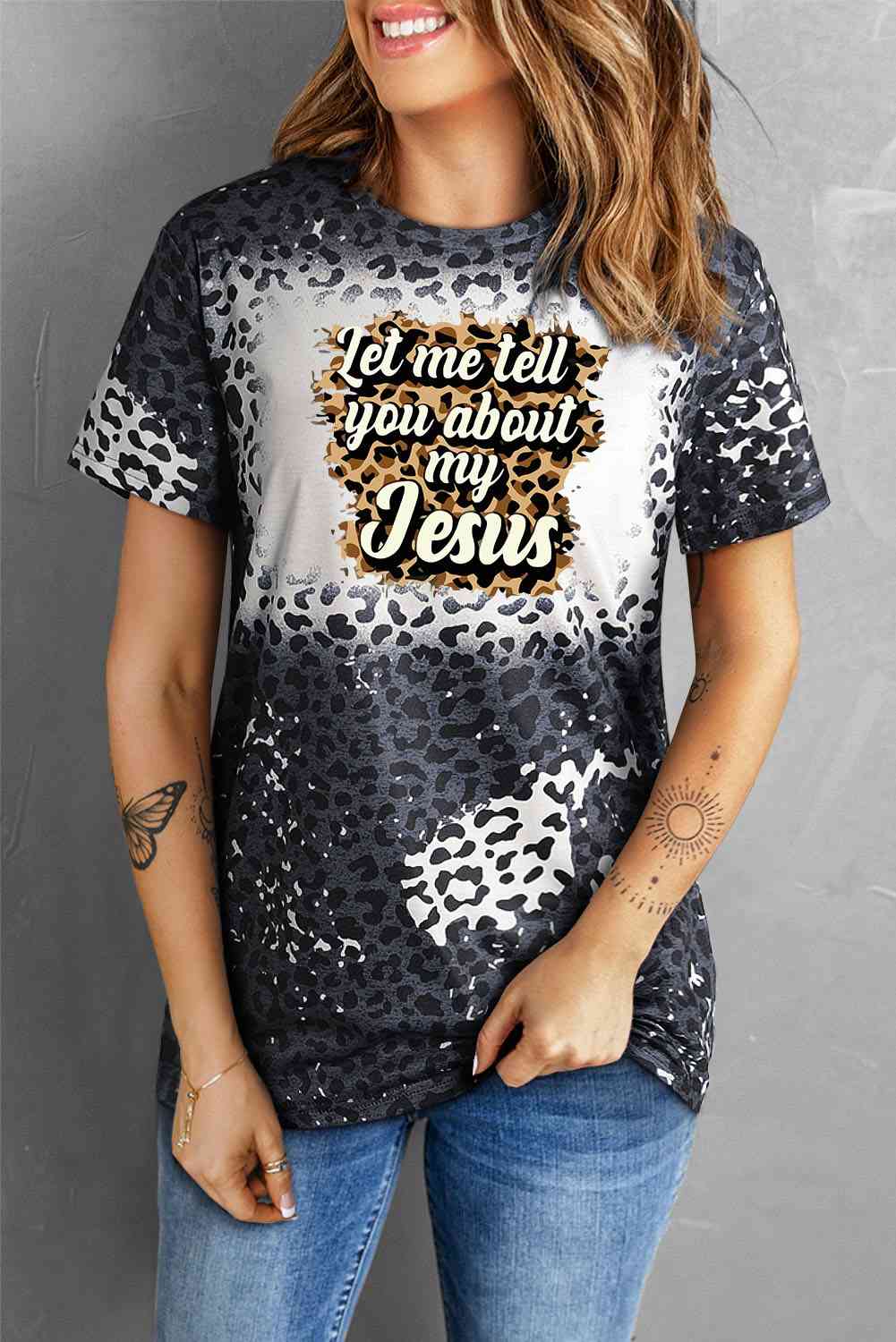 LET ME TELL YOU ABOUT MY JESUS Leopard Ladies Short Sleeve Tee - Premium Ladies Short Sleeve T-Shirt -  Follower Of Faith Apparel Animal print, Animal print Christian t shirts, Animal print Christian tees, ladies Short sleeve, ladies Short Sleeve t shirt, ladies Short Sleeve tee, ladies short sleeve tees, Leopard, Leopard print, leopard print Christian Tee, Leopard tee, Let me tell you about my jesus, Ship From Overseas, SYNZ Shop our Christian T-Shirts & Apparel