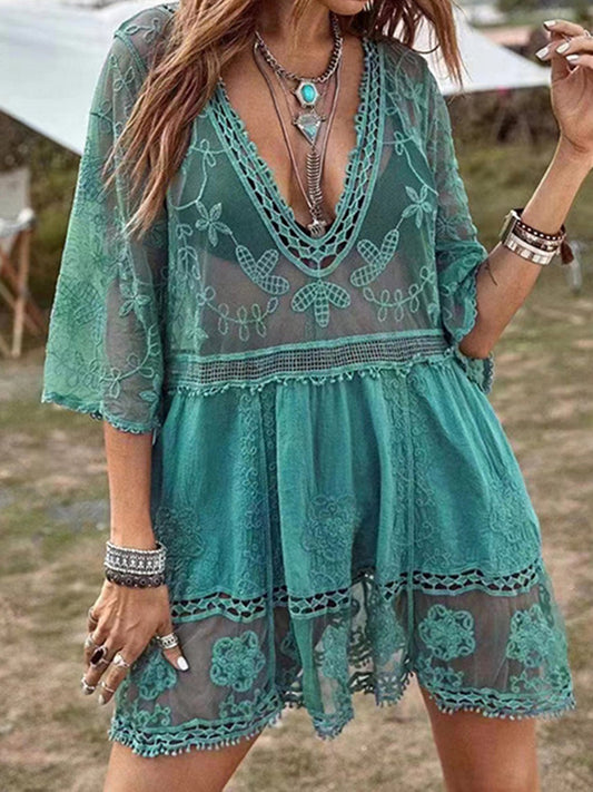 Lace Detail Plunge Cover-Up Dress - Premium Ladies Coverup -  Follower Of Faith Apparel Boho cover up, Boho swim suit cover up, D.J.F.S, HUGE Sale, Lace cover up, Ladies cover up, new arrival, new arrivals, Sale, Ship From Overseas, Summer cover up, Summertime cover up for women, Womens cover up Shop our Christian T-Shirts & Apparel