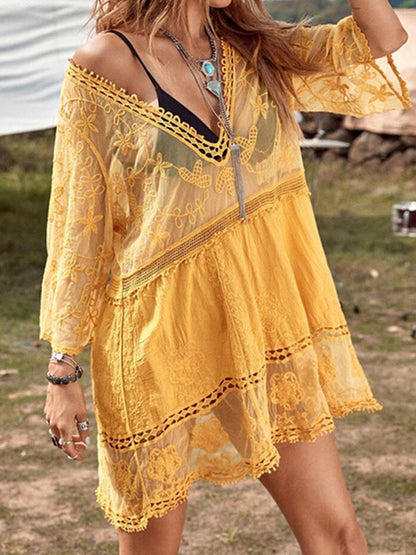 Lace Detail Plunge Cover-Up Dress - Premium Ladies Coverup -  Follower Of Faith Apparel Boho cover up, Boho swim suit cover up, D.J.F.S, HUGE Sale, Lace cover up, Ladies cover up, new arrival, new arrivals, Sale, Ship From Overseas, Summer cover up, Summertime cover up for women, Womens cover up Shop our Christian T-Shirts & Apparel