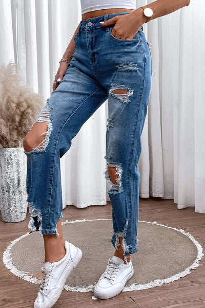 Ladies Distressed Raw Hem Straight Jeans - Premium Jeans -  Follower Of Faith Apparel Contrast jeans, dark denim jeans, denim distressed jeans, denim jeans, distressed jeans, high waist jeans, high waisted jeans, highly distressed ladies jeans, jeans, Ladies blue Jeans, ladies distressed jeans, ladies high rise jeans, Ladies Jeans, new, new arrival, new arrivals, raw hem jeans, Ship From Overseas, SYNZ Shop our Christian T-Shirts & Apparel