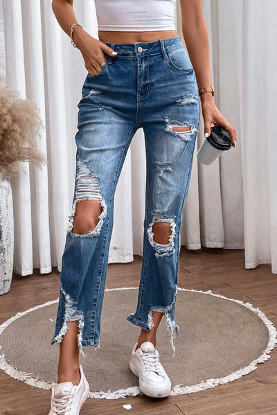Blue Ripped Holes Straight Jeans Loose Fit Slant Pockets Non - Temu
