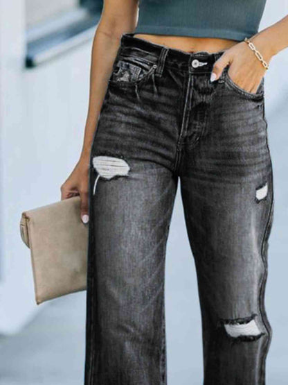 Ladies Distressed Straight Leg Jeans - Premium Jeans -  Follower Of Faith Apparel Bootcut jeans, denim distressed jeans, denim jeans, distressed jeans, Flare jeans, high rise jeans, high waisted jeans, highly distressed ladies jeans, ladies distressed jeans, Ship From Overseas, X@Y@K Shop our Christian T-Shirts & Apparel