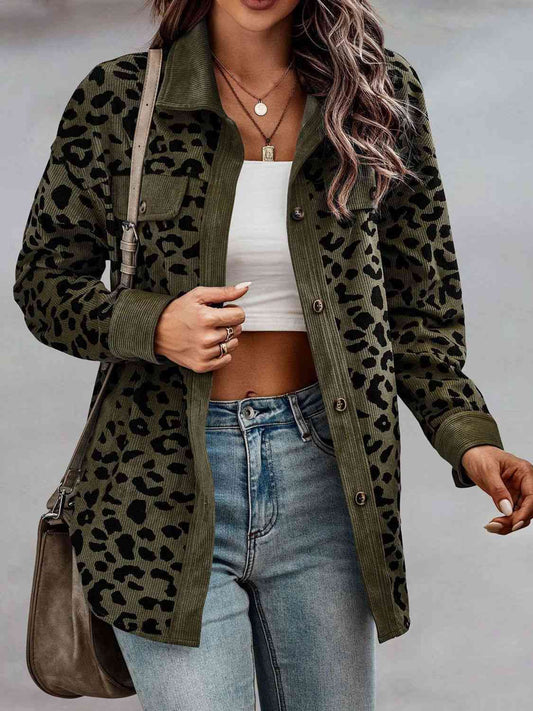 Ladies Full Size Leopard Buttoned Jacket - Premium Jacket -  Follower Of Faith Apparel Animal print jacket, J@C@D, ladies clothing, Ladies clothing for winter, Leopard jacket, Long jacket, Long length jacket, Ship From Overseas Shop our Christian T-Shirts & Apparel