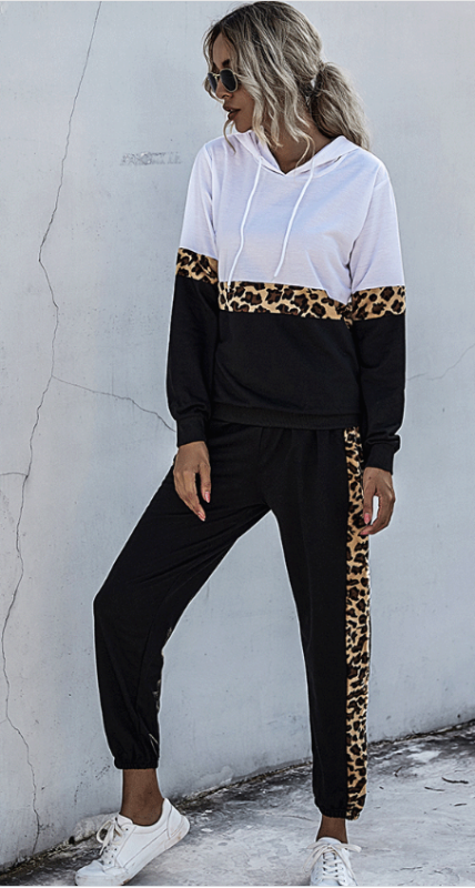 Ladies Leopard Print Stitching Hooded Sweatshirt Set - Premium Ladies Sets -  Follower Of Faith Apparel ladies set, leopard print, sweatshirt & sweatpants set white black leapard, womens winter wear sets Shop our Christian T-Shirts & Apparel