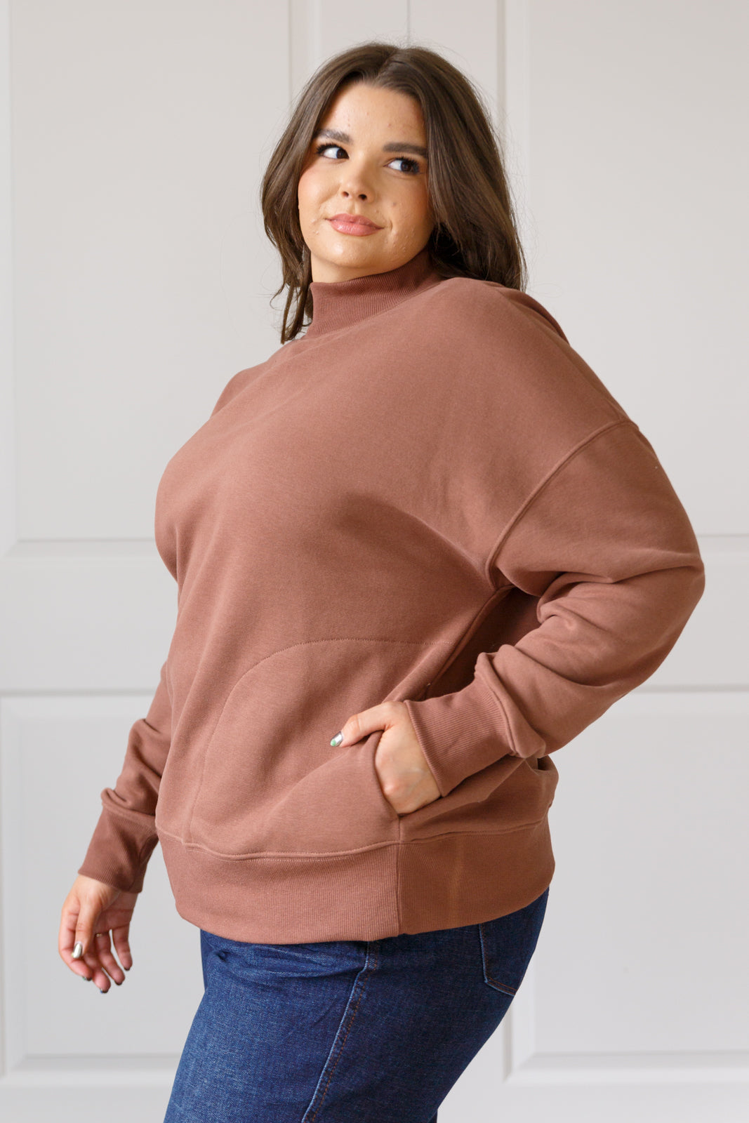 Leena Mock Neck Pullover Sweatshirt in Cocoa - Premium Ladies Sweatshirt -  Follower Of Faith Apparel 12-5-2023, 1XL, 2XL, 3XL, ASF1-4-2024, Large, Medium, new, new arrival, new arrivals, Small, Tops, Very J, X2-6-24 Shop our Christian T-Shirts & Apparel