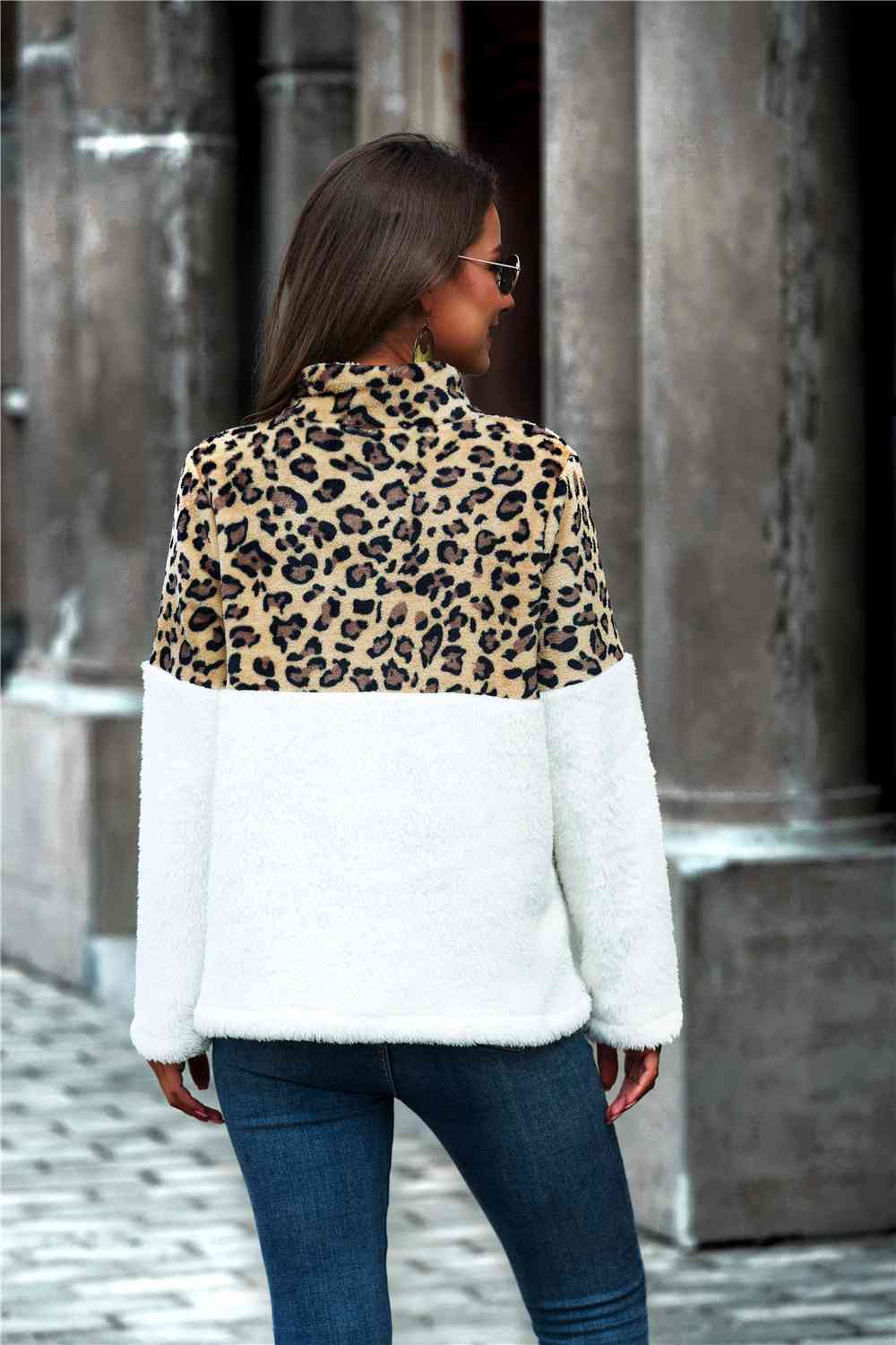 Leopard Color Block Half-Zip Collar Teddy Ladies Sweatshirt - Premium Sweatshirt -  Follower Of Faith Apparel Last Few, new, new arrival, new arrivals, Ship From Overseas, YO Shop our Christian T-Shirts & Apparel