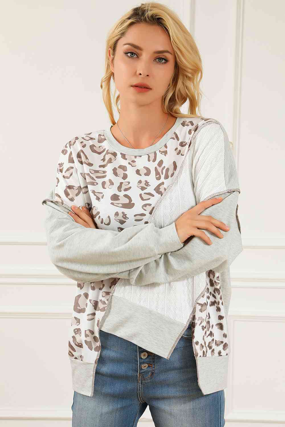 Leopard Exposed Seams Round Neck Ladies Sweatshirt - Premium Sweatshirt -  Follower Of Faith Apparel Leopard, Leopard print, Leopard print sweatshirt, new, new arrival, new arrivals, Ship From Overseas, SYNZ Shop our Christian T-Shirts & Apparel