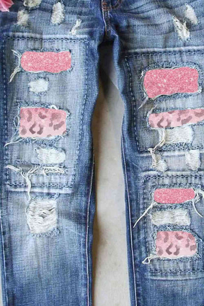 Leopard Patch Distressed Ladies Straight Leg Jeans - Premium Jeans -  Follower Of Faith Apparel bottoms, ladies bottoms, Ladies patch jeans, Leopard, Leopard patch jeans, Leopard print, Leopard print floral design, Patchwork jeans, Ship From Overseas, SYNZ, women's bottoms Shop our Christian T-Shirts & Apparel