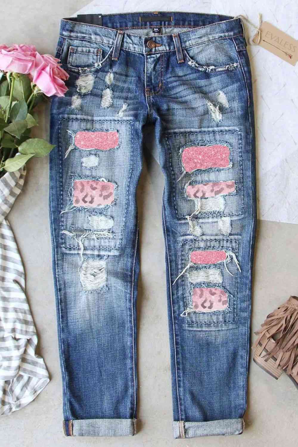 Leopard Patch Distressed Ladies Straight Leg Jeans - Premium Jeans -  Follower Of Faith Apparel bottoms, ladies bottoms, Ladies patch jeans, Leopard, Leopard patch jeans, Leopard print, Leopard print floral design, Patchwork jeans, Ship From Overseas, SYNZ, women's bottoms Shop our Christian T-Shirts & Apparel