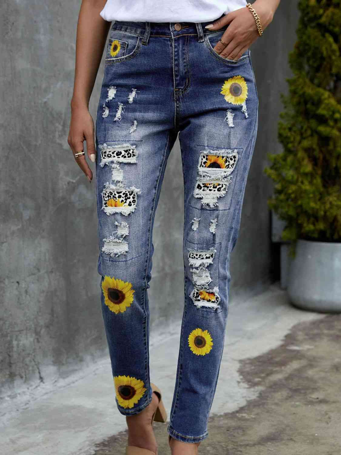 Leopard Patchwork Sunflower Print Distressed High Waist Jeans - Premium Jeans -  Follower Of Faith Apparel Distressed jeans, Flower jeans, Jeans, Leopard jeans, Patchwork jeans, Ship From Overseas, SYNZ Shop our Christian T-Shirts & Apparel