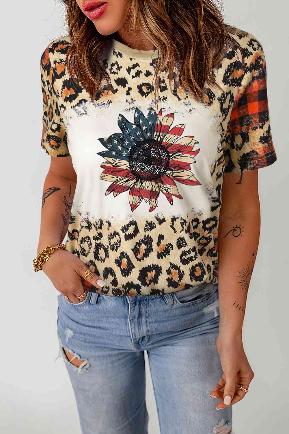 Leopard Plaid Floral Ladies Tee - Premium  -  Follower Of Faith Apparel Bleached tee, Flag flower, Flower flag, Ladies Flag tee, ladies t shirt, Ladies tops, Leopard, Leopard flag tee, Leopard ladies bleached flag tee, Ship From Overseas, SYNZ Shop our Christian T-Shirts & Apparel