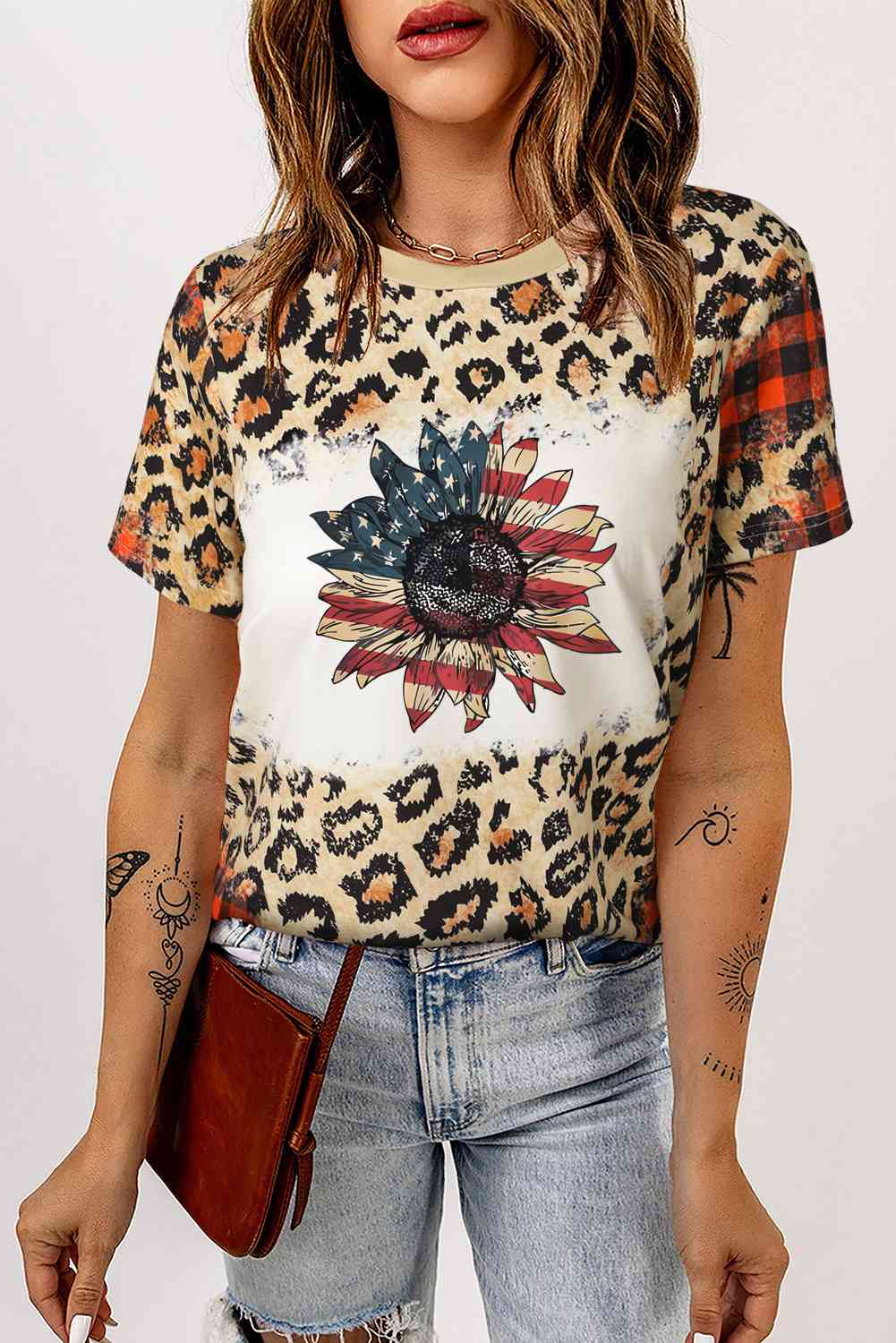 Leopard Plaid Floral Ladies Tee - Premium  -  Follower Of Faith Apparel Bleached tee, Flag flower, Flower flag, Ladies Flag tee, ladies t shirt, Ladies tops, Leopard, Leopard flag tee, Leopard ladies bleached flag tee, Ship From Overseas, SYNZ Shop our Christian T-Shirts & Apparel