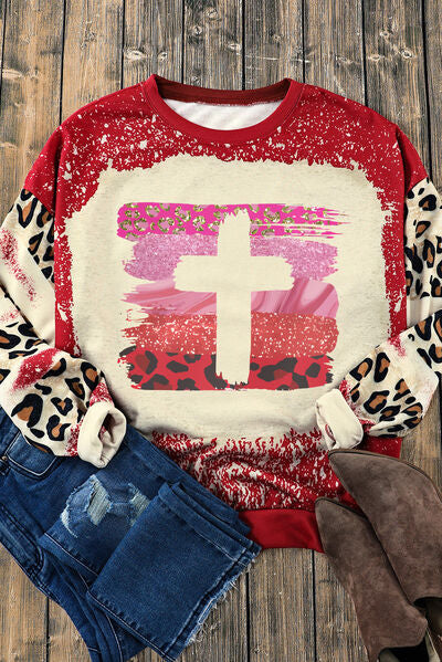 Leopard Round Neck Cross Dropped Shoulder Ladies Sweatshirt - Premium Sweatshirt -  Follower Of Faith Apparel Comfy Christian Sweatshirts, Cowgirl leopard cowhide print shirt, Cross sweatshirt, Ladies Christian sweatshirt, Leopard, Leopard print sweatshirt, Ship From Overseas, SYNZ, Women’s Christian sweatshirts Shop our Christian T-Shirts & Apparel