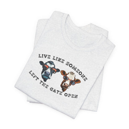 Live Like Someone Left The Gate Open Ladies T-Shirt - Premium Ladies T-Shirt -  Follower Of Faith Apparel Cotton, Country girl t shirt, Cow t shirt, Cowgirl tee, Crew neck, Live like someone left the gate open t shirt, New arrival, Regular fit, Sale, T-shirts, TikTok, Women's Clothing, Womens t shirts, Women’s farmer tee Shop our Christian T-Shirts & Apparel