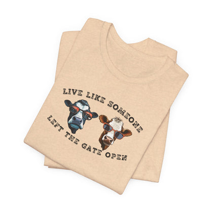 Live Like Someone Left The Gate Open Ladies T-Shirt - Premium Ladies T-Shirt -  Follower Of Faith Apparel Cotton, Country girl t shirt, Cow t shirt, Cowgirl tee, Crew neck, Live like someone left the gate open t shirt, New arrival, Regular fit, Sale, T-shirts, TikTok, Women's Clothing, Womens t shirts, Women’s farmer tee Shop our Christian T-Shirts & Apparel