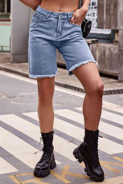 Long Raw Hem Denim Ladies Shorts - Premium Ladies shorts -  Follower Of Faith Apparel Ladies Shorts, Long shorts, Manny, new arrival, new arrivals, raw hem shorts, Sale, Ship From Overseas, Shipping delay January 30 - February 17 Shop our Christian T-Shirts & Apparel