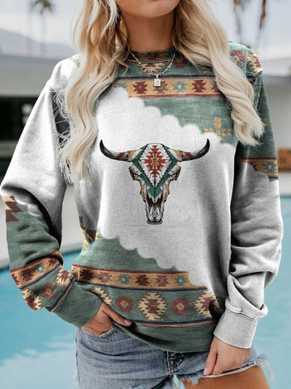 Long Sleeve Crewneck Western Print Sweatshirt - Premium Ladies Sweatshirt -  Follower Of Faith Apparel bull head sweater, Ladies sweatshirt, southwestern style sweatshirt, two tone sweatshirt, western, womens wear Shop our Christian T-Shirts & Apparel