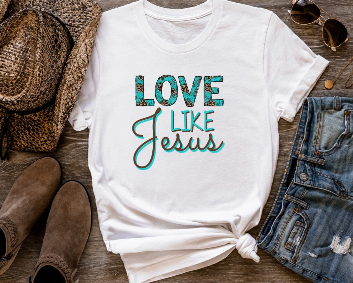 Love Like Jesus Ladies Short Sleeve Tee{{ shop.domain }Printifychristian leopard and turquoise print t shirt, Christian t shirts for ladies, Cotton, Crew neck, Jes