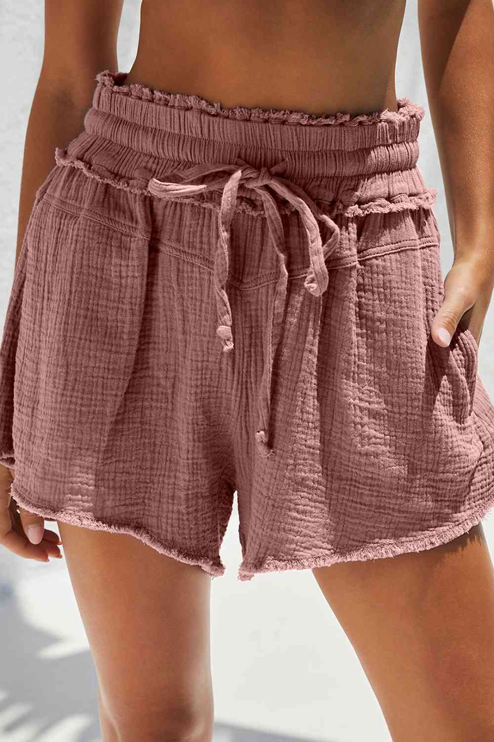 Mercy Me Drawstring Raw Hem Ladies Shorts - Follower Of Faith Apparel