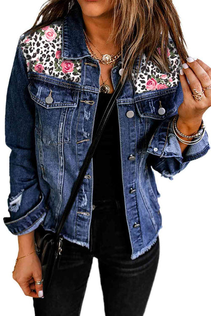 Mixed Print Distressed Button Front Denim Jacket - Premium Jacket -  Follower Of Faith Apparel distressed, Distressed Ladies jacket, Floral, Floral blue Jean jacket, Ladies jacket, Ladies Jeans, Ship From Overseas, SYNZ Shop our Christian T-Shirts & Apparel