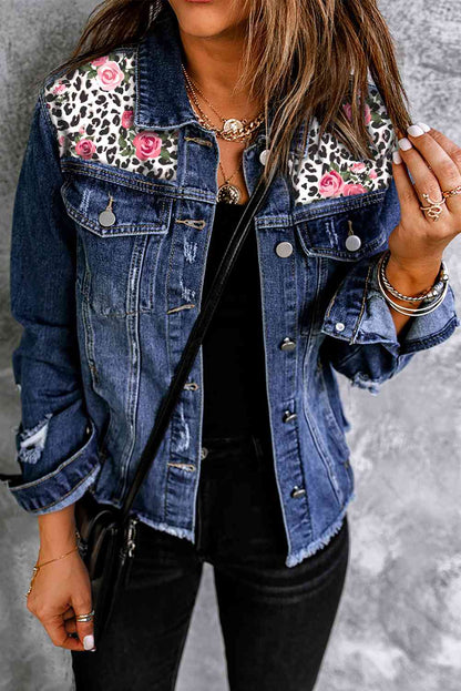 Mixed Print Distressed Button Front Denim Jacket - Premium Jacket -  Follower Of Faith Apparel distressed, Distressed Ladies jacket, Floral, Floral blue Jean jacket, Ladies jacket, Ladies Jeans, Ship From Overseas, SYNZ Shop our Christian T-Shirts & Apparel