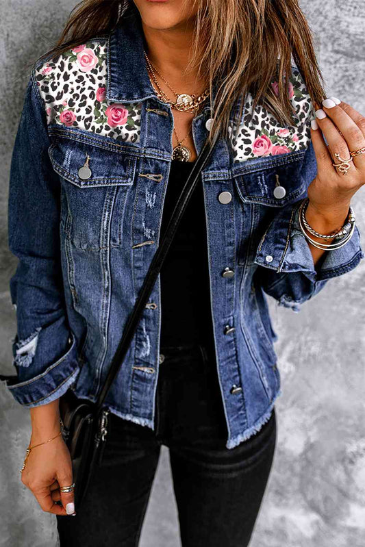 Mixed Print Distressed Button Front Denim Jacket - Premium Jacket -  Follower Of Faith Apparel distressed, Distressed Ladies jacket, Floral, Floral blue Jean jacket, Ladies jacket, Ladies Jeans, Ship From Overseas, SYNZ Shop our Christian T-Shirts & Apparel