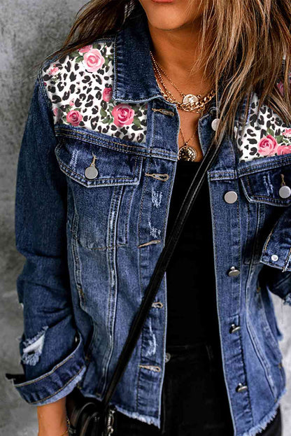 Mixed Print Distressed Button Front Denim Jacket - Premium Jacket -  Follower Of Faith Apparel distressed, Distressed Ladies jacket, Floral, Floral blue Jean jacket, Ladies jacket, Ladies Jeans, Ship From Overseas, SYNZ Shop our Christian T-Shirts & Apparel