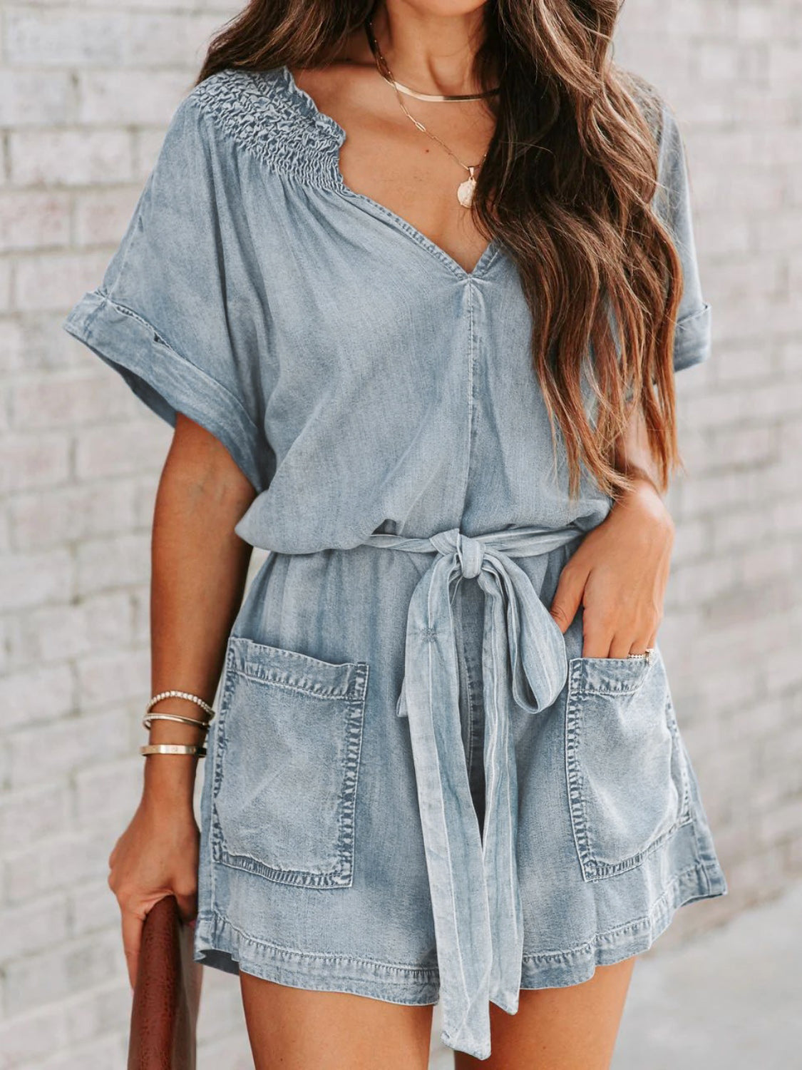 Notched Tie Waist Denim Romper - Premium Ladies Rompers -  Follower Of Faith Apparel Denim romper, Denim tied waist romper, HUGE Sale, Ladies Romper, new arrival, new arrivals, Sale, Ship From Overseas, Summer denim romper, Womens romper, Y@M Shop our Christian T-Shirts & Apparel