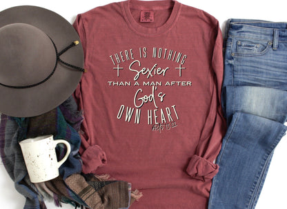 Nothing Sexier Than A Man After God’s Own Heart Vintage Ladies Long Sleeve T-Shirt - Premium Ladies Long Sleeve -  Follower Of Faith ApparelActs 13:22 t shirt, Bible verse long sleeve t shirt, Christian long sleeve tee, Comfort colors Faith tee, Cotton, DTG, Faith vintage t shirts, Funny Christian t shirt, Ladies long sleeve, Long Sleeves, New, Scripture tees, Seasonal Picks, There’s nothing sexier than a man after gods own heart, Unisex, Women's Clothing Shop our Christian T-Shirts & Apparel