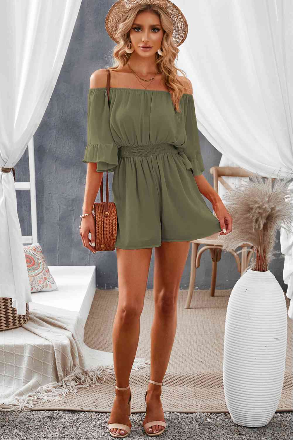 Off-Shoulder Smocked Waist Flounce Sleeve Romper - Premium Ladies Rompers -  Follower Of Faith Apparel Ladies Romper, Ladies summer clothing, romper jumpsuit, Rompers, Sale, Ship From Overseas, Shipping delay February 8 - February 16, SYNZ, Vacation, Vacation apparel, vacation clothing, Vacation outfits, womens apparel, Womens romper Shop our Christian T-Shirts & Apparel