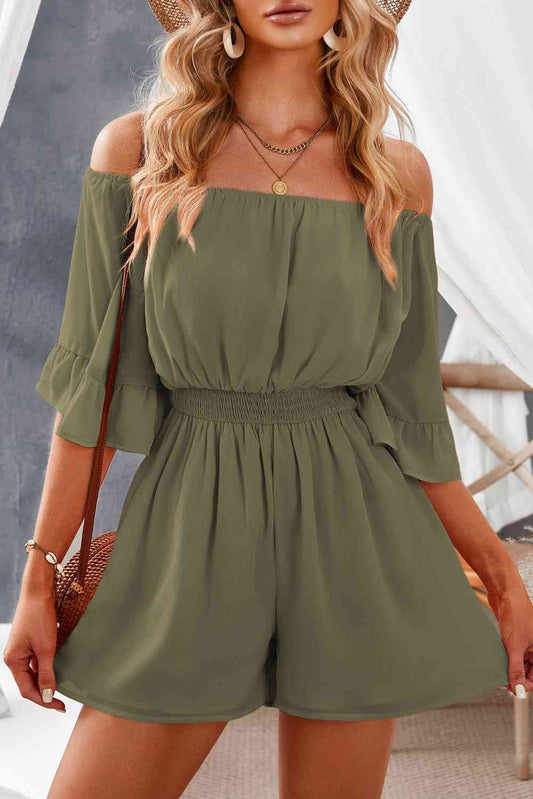 Off-Shoulder Smocked Waist Flounce Sleeve Romper - Premium Ladies Rompers -  Follower Of Faith Apparel Ladies Romper, Ladies summer clothing, romper jumpsuit, Rompers, Sale, Ship From Overseas, Shipping delay February 8 - February 16, SYNZ, Vacation, Vacation apparel, vacation clothing, Vacation outfits, womens apparel, Womens romper Shop our Christian T-Shirts & Apparel