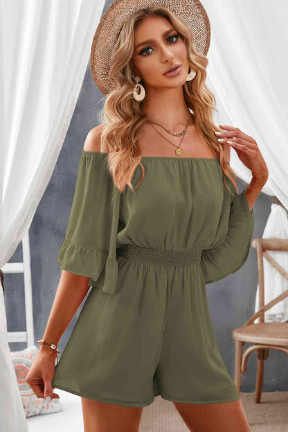 Off-Shoulder Smocked Waist Flounce Sleeve Romper - Premium Ladies Rompers -  Follower Of Faith Apparel Ladies Romper, Ladies summer clothing, romper jumpsuit, Rompers, Sale, Ship From Overseas, Shipping delay February 8 - February 16, SYNZ, Vacation, Vacation apparel, vacation clothing, Vacation outfits, womens apparel, Womens romper Shop our Christian T-Shirts & Apparel