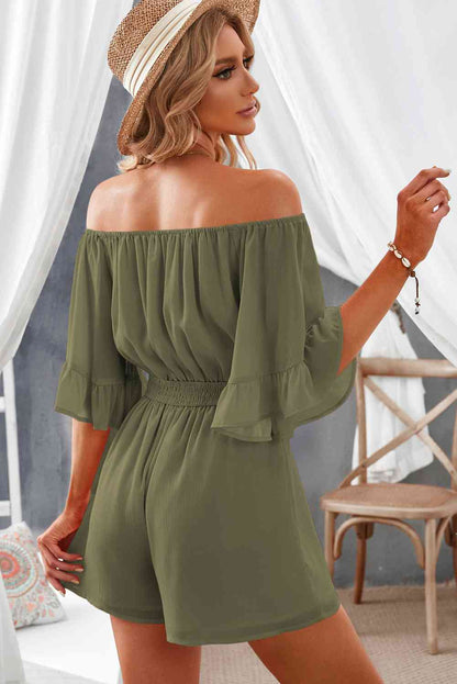 Off-Shoulder Smocked Waist Flounce Sleeve Romper - Premium Ladies Rompers -  Follower Of Faith Apparel Ladies Romper, Ladies summer clothing, romper jumpsuit, Rompers, Sale, Ship From Overseas, Shipping delay February 8 - February 16, SYNZ, Vacation, Vacation apparel, vacation clothing, Vacation outfits, womens apparel, Womens romper Shop our Christian T-Shirts & Apparel