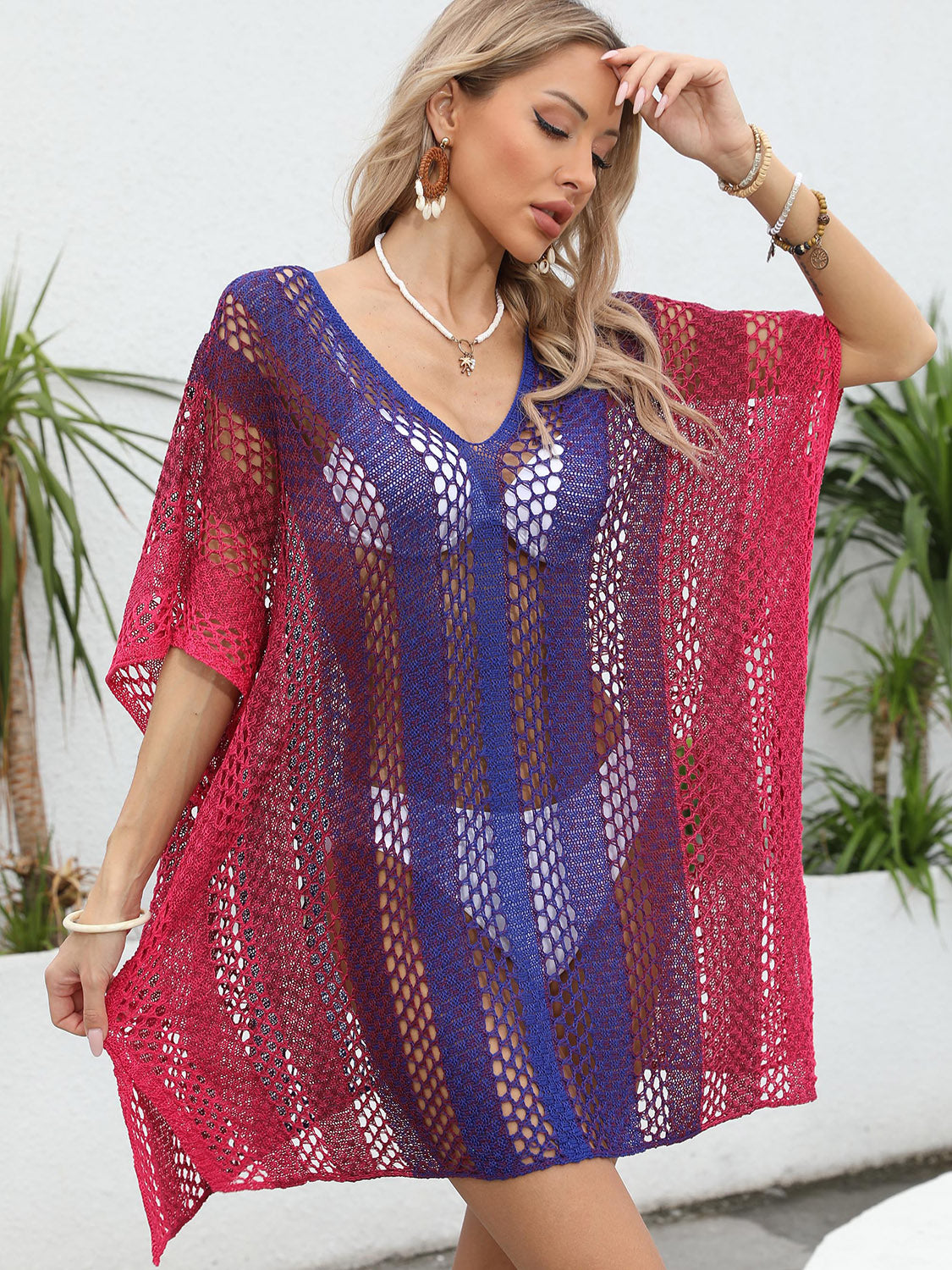 Openwork Contrast V-Neck Cover-Up (3 colors) - Premium Ladies Coverup -  Follower Of Faith Apparel beach apparel, Beach cover up for women, Colorful cover up, Knit cover up, Ladies cover up, new arrival, new arrivals, O & Y.M, Sale, Ship From Overseas, Stylish beach cover up, Swimsuit cover up, Womens cover up Shop our Christian T-Shirts & Apparel