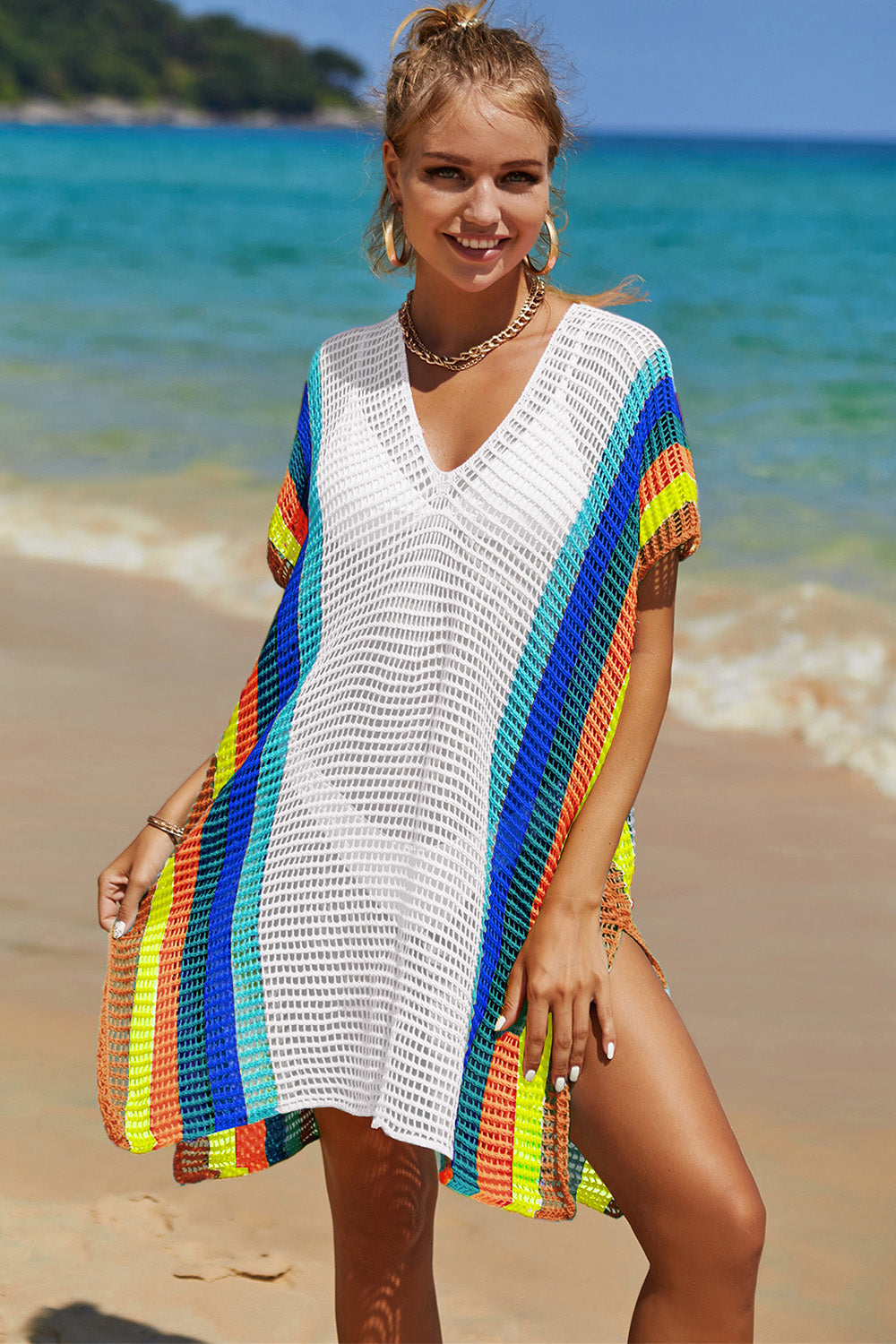 Openwork Striped Slit Knit Cover Up - Premium Ladies Coverup -  Follower Of Faith Apparel Boho cover up, Colorful cover up, Crochet top boho Cover up, Knit cover up, new arrival, new arrivals, Sale, Ship From Overseas, Stylish beach cover up, Summer cover up, Summertime cover up for women, Womens cover up, Womens Summer cover up, Y.S.J.Y Shop our Christian T-Shirts & Apparel