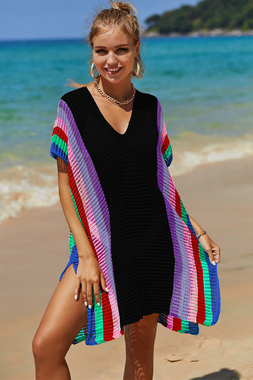 Openwork Striped Slit Knit Cover Up - Premium Ladies Coverup -  Follower Of Faith Apparel Ship From Overseas, Y.S.J.Y Shop our Christian T-Shirts & Apparel