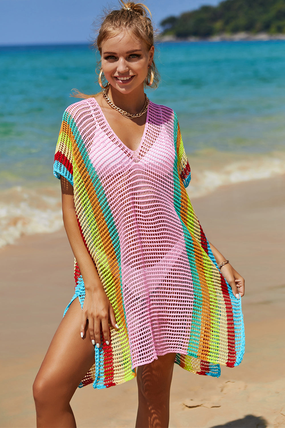 Openwork Striped Slit Knit Cover Up - Premium Ladies Coverup -  Follower Of Faith Apparel Boho cover up, Colorful cover up, Crochet top boho Cover up, Knit cover up, new arrival, new arrivals, Sale, Ship From Overseas, Stylish beach cover up, Summer cover up, Summertime cover up for women, Womens cover up, Womens Summer cover up, Y.S.J.Y Shop our Christian T-Shirts & Apparel