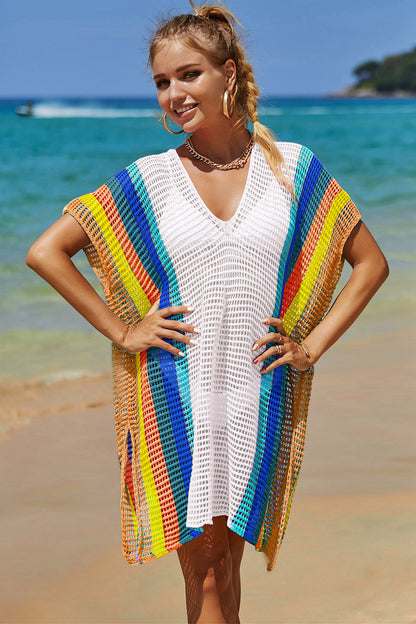 Openwork Striped Slit Knit Cover Up - Premium Ladies Coverup -  Follower Of Faith Apparel Boho cover up, Colorful cover up, Crochet top boho Cover up, Knit cover up, new arrival, new arrivals, Sale, Ship From Overseas, Stylish beach cover up, Summer cover up, Summertime cover up for women, Womens cover up, Womens Summer cover up, Y.S.J.Y Shop our Christian T-Shirts & Apparel