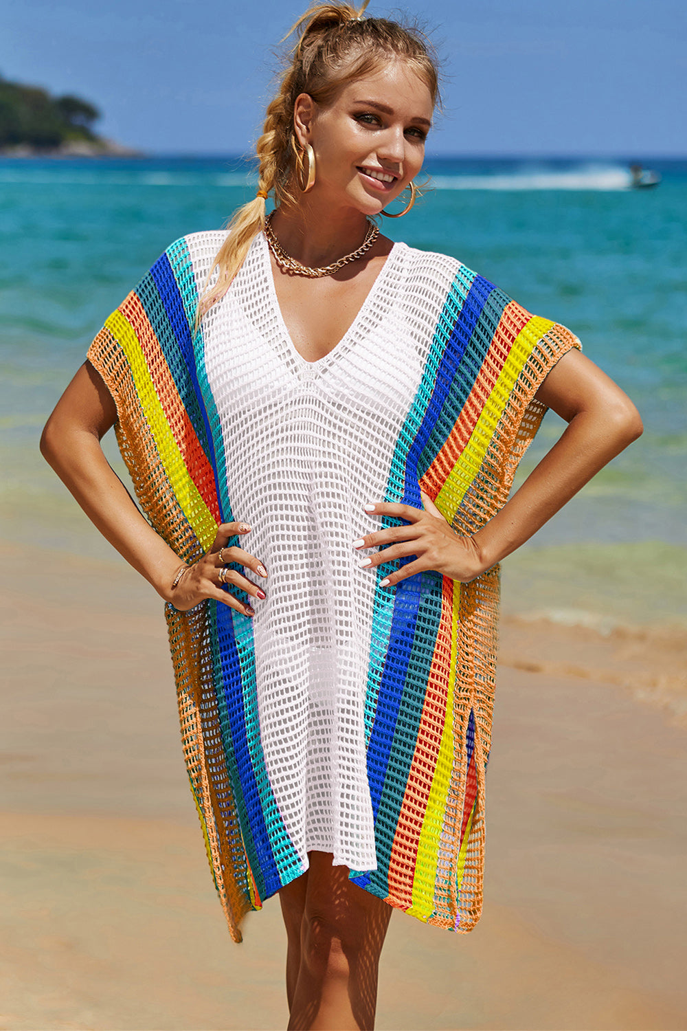 Openwork Striped Slit Knit Cover Up - Premium Ladies Coverup -  Follower Of Faith Apparel Boho cover up, Colorful cover up, Crochet top boho Cover up, Knit cover up, new arrival, new arrivals, Sale, Ship From Overseas, Stylish beach cover up, Summer cover up, Summertime cover up for women, Womens cover up, Womens Summer cover up, Y.S.J.Y Shop our Christian T-Shirts & Apparel