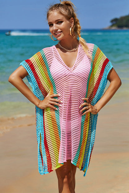 Openwork Striped Slit Knit Cover Up - Premium Ladies Coverup -  Follower Of Faith Apparel Boho cover up, Colorful cover up, Crochet top boho Cover up, Knit cover up, new arrival, new arrivals, Sale, Ship From Overseas, Stylish beach cover up, Summer cover up, Summertime cover up for women, Womens cover up, Womens Summer cover up, Y.S.J.Y Shop our Christian T-Shirts & Apparel