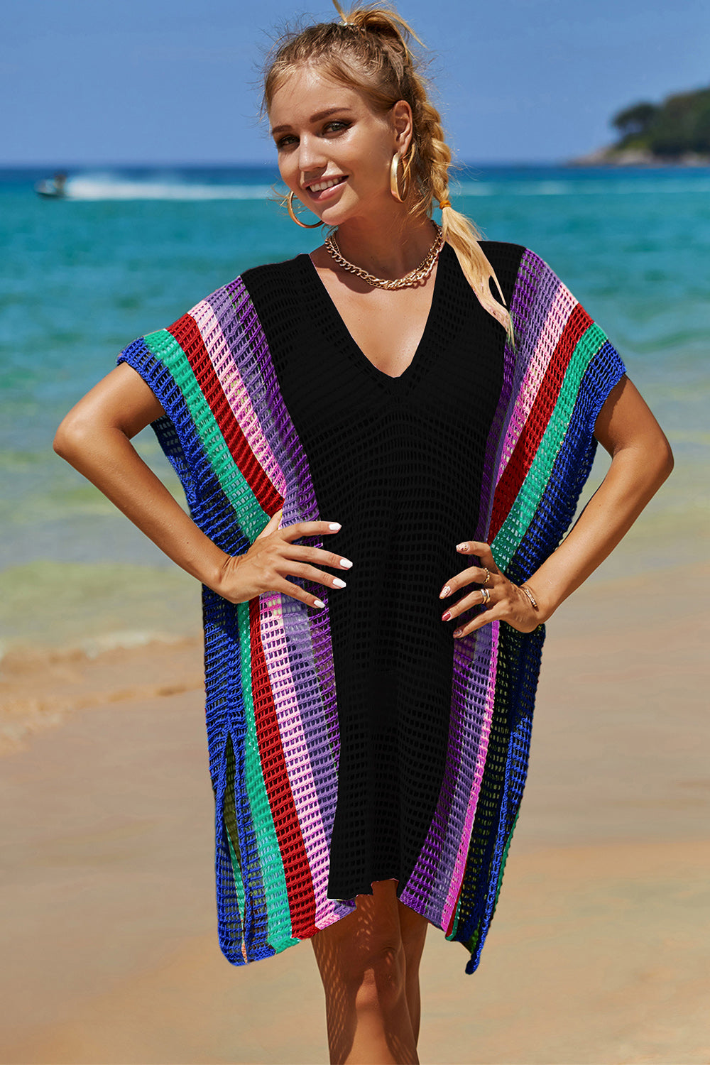 Openwork Striped Slit Knit Cover Up - Premium Ladies Coverup -  Follower Of Faith Apparel Boho cover up, Colorful cover up, Crochet top boho Cover up, Knit cover up, new arrival, new arrivals, Sale, Ship From Overseas, Stylish beach cover up, Summer cover up, Summertime cover up for women, Womens cover up, Womens Summer cover up, Y.S.J.Y Shop our Christian T-Shirts & Apparel