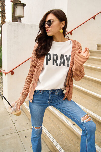 PRAY Ladies T-Shirt - Premium Ladies T-Shirt -  Follower Of Faith Apparel ladies Short sleeve, ladies Short Sleeve t shirt, ladies Short Sleeve tee, ladies short sleeve tees, new arrival, new arrivals, Pray shirt, Pray t shirt, Ship From Overseas, Simply Love Shop our Christian T-Shirts & Apparel