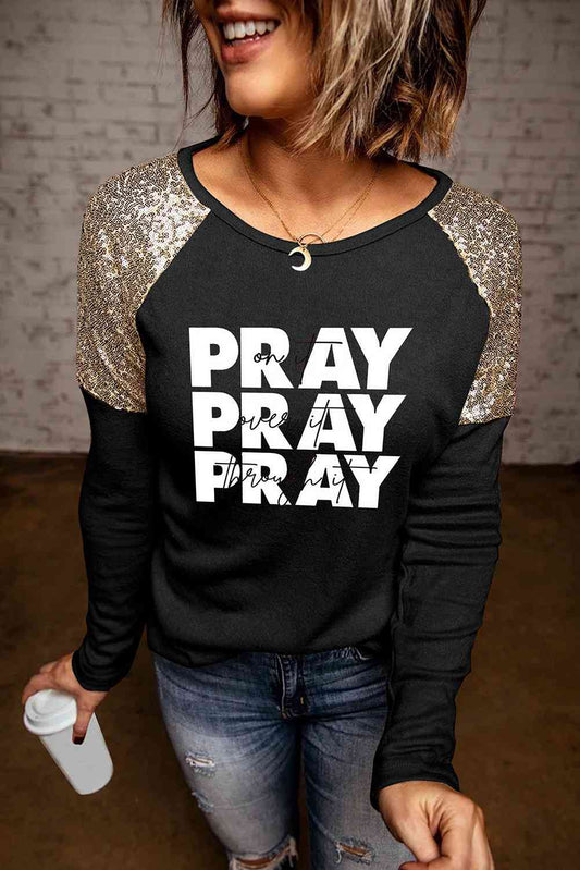 PRAY On It, Over It, Through It Graphic Sequin Ladies Short Sleeve Tee - Premium Ladies Long-sleeve -  Follower Of Faith Apparel Gold sequins, Ladies long sleeve, Ladies Long Sleeve Tee, Pray long sleeve, Pray long sleeve t shirt, Pray on it tee, Pray over it pray through it, Pray shirt, Pray t shirt, Sequin long sleeve christian tee, Sequin tee, Ship From Overseas, SYNZ Shop our Christian T-Shirts & Apparel