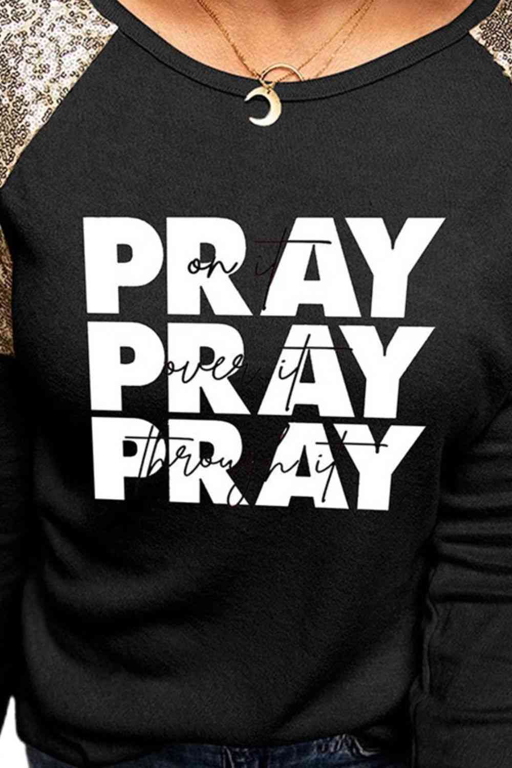 PRAY On It, Over It, Through It Graphic Sequin Ladies Short Sleeve Tee - Premium Ladies Long-sleeve -  Follower Of Faith Apparel Gold sequins, Ladies long sleeve, Ladies Long Sleeve Tee, Pray long sleeve, Pray long sleeve t shirt, Pray on it tee, Pray over it pray through it, Pray shirt, Pray t shirt, Sequin long sleeve christian tee, Sequin tee, Ship From Overseas, SYNZ Shop our Christian T-Shirts & Apparel