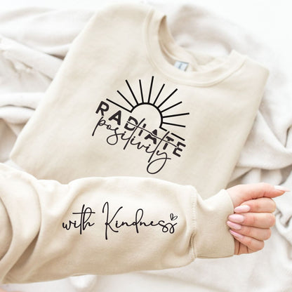 PREORDER: Radiate Positivity Ladies Sweatshirt (3 Colors) - Premium Ladies Sweatshirt -  Follower Of Faith Apparel 1XL, 2XL, 3XL, Ave Marketplace, Closed Preorder, L/XL, ladies Christian apparel, Ladies Christian sweatshirt, Ladies sweatshirt, Ladies sweatshirts, P1-31-2024, Preorder, radiate positivity with kindness sweatshirt, S/M, Tops, XS/S Shop our Christian T-Shirts & Apparel